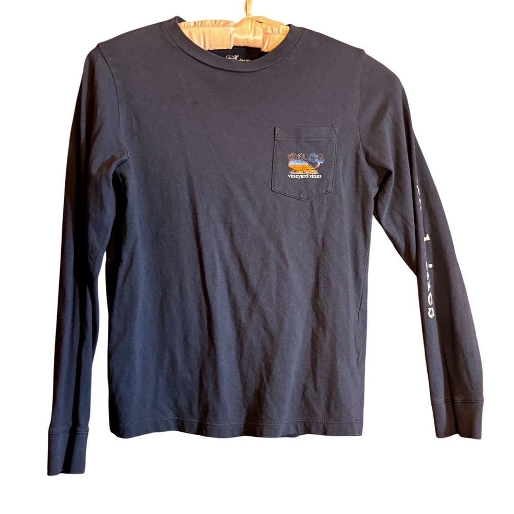 Vineyard Vines Graphic Tee Kids Size S Navy Blue Good Fireworks Pocket Long Slv